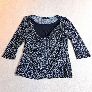 Briggs New York Womens Cowl Neck 3/4 Sleeve Abstract Print Top Black Grey Medium